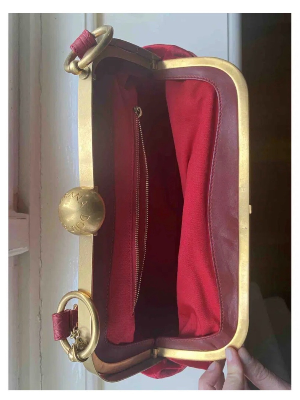 Dolce & Gabbana Red Velvet Embroidered Top-Handle Bag with Gold Hardware - Picture 2 of 5